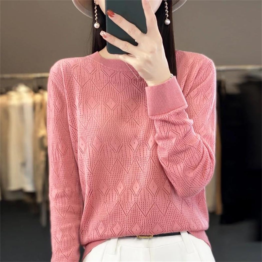 Sweter Damski Z Mieszanki Wełny, Z Okrągłym Dekoltem, Z Geometrycznym Wzorem, Miękki, Swobodny, Luźny, Z Długim Rękawem, Wiosenny-En8-Medium