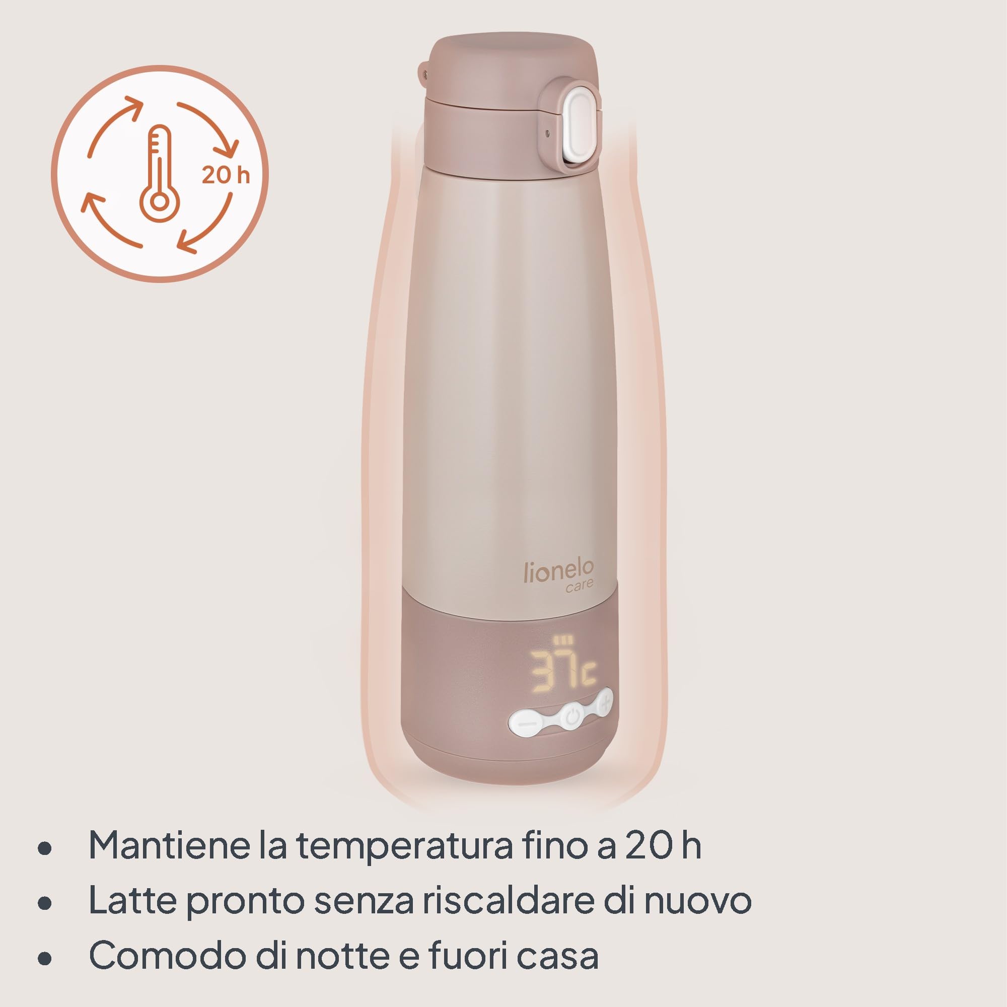 Lionelo THERMUP BOTTLE Scaldalatte Portatile Senza Fili, Compatto 350 ml, Riscalda Latte o Acqua in 3,5 Min, Controllo Temperatura 37-55°C a 5 Livelli, Termos per Latte fino a 20 h, Display
