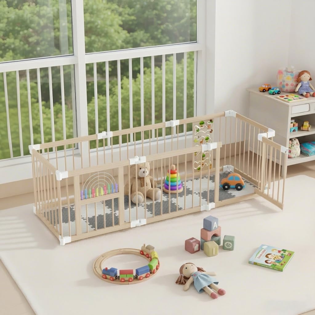 NAIZY Holz Laufstall Baby 8 Elemente Laufgitter & -Ställe mit 2 Spielcenter, Flexibel Aufstellbar Faltbar kinderlaufstall, Laufgitter Baby Playpen For Toddlers,mit Matratze