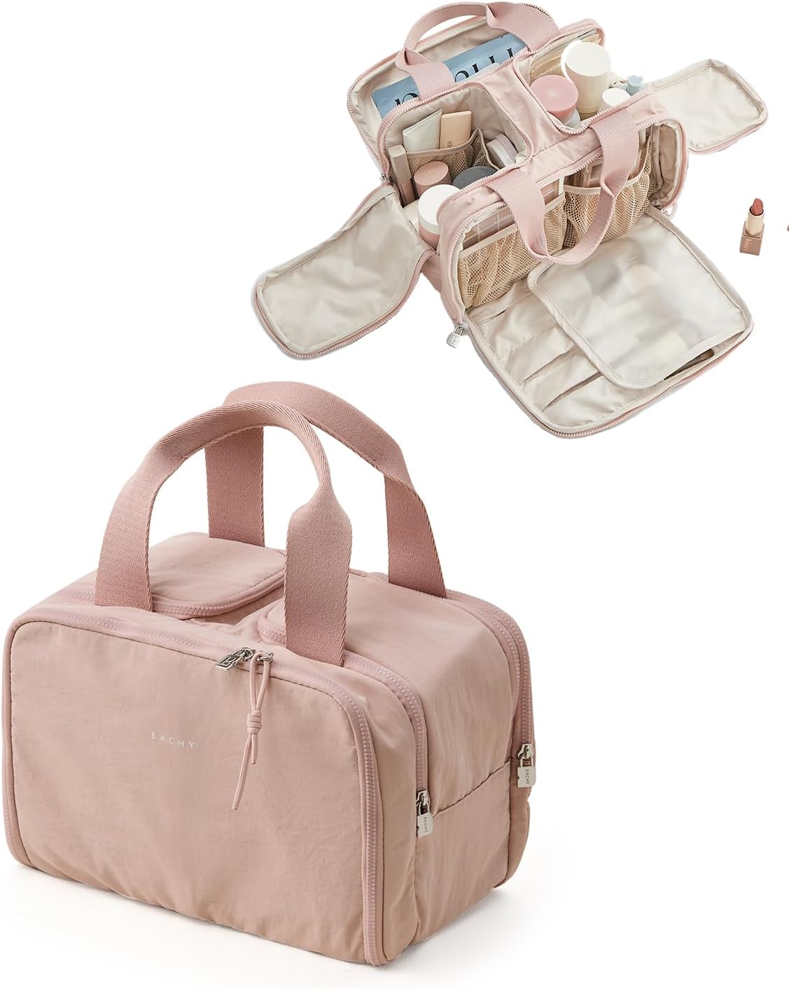 EACHY Travel Makeup Bag with Handle, Large Capacity Makeup Organizer, Waterproof Cosmetic Bag for Women, Wide-Open Design, Portable Toiletry Case for Travel, Accessories, and Essentials (Pink)