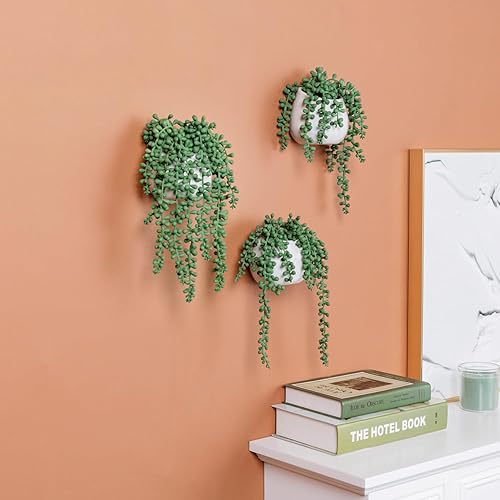 Miniatura 3 de MyGift Maceta artificial de perlas de imitación en cerámica blanca para colgar en la pared con cuerda de yute, juego de 3