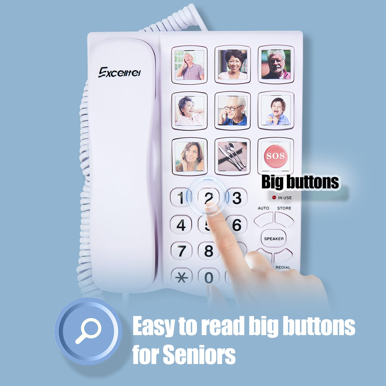 Telefono fisso con grande pulsante per anziani, con funzione vivavoce e 9 gruppi di memoria, composizione one-touch, adatto per persone con disturbi della vista/danni all'udito (EX-LD-858HF)