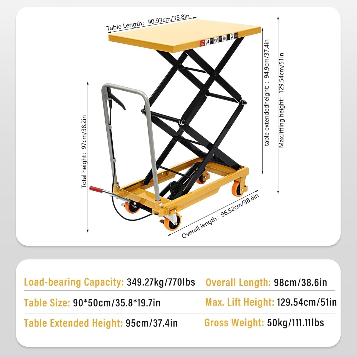 Hydraulic Lift Table Cart, 770lbs Load Capacity 51" Lifting Height with 4 Wheels and Non-Slip Pad, Hydraulic Scissor Cart for Material Handling Transportation