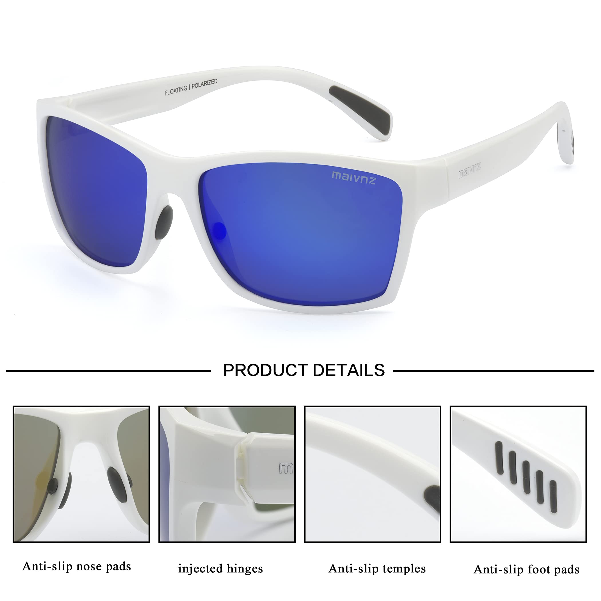 maivnz Occhiali da sole galleggianti polarizzati da pesca per uomo e donna, inaffondabili, UV400, occhiali sportivi per kayak, canottaggio e surf, Montatura Casual Bianca Lenti Revo Blu, conventional