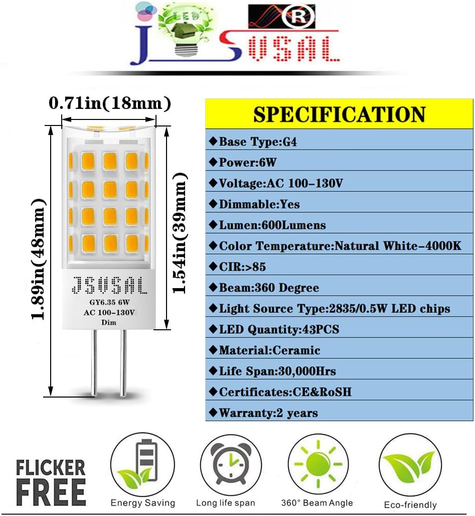 G4 LED Light Bulb,Bi-pin T3 JC Type Dimmable, AC 100-130V,600LM, 6W,50-60W Halogen Equivalent, 4000K Natural White LED Lamp,4-Pack