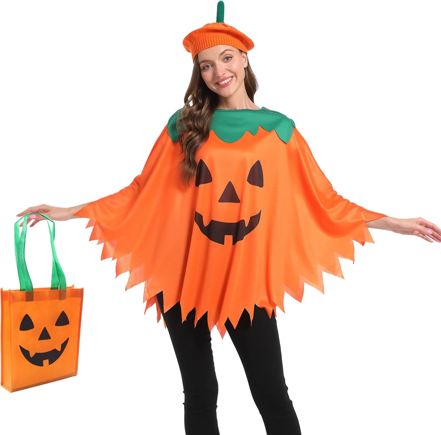 3PCS Adults Pumpkin Costume For Women Halloween Pumpkin Poncho With Pumpkin Knit Beret And Candy Bag Orange Medium