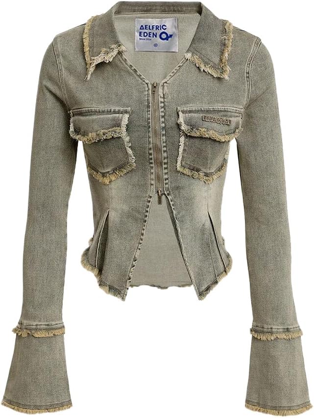 Aelfric Eden Womens Denim Jacket Fringe Two-Way Zipper Fashion Vintage Washed Long Sleeve Jean Coat