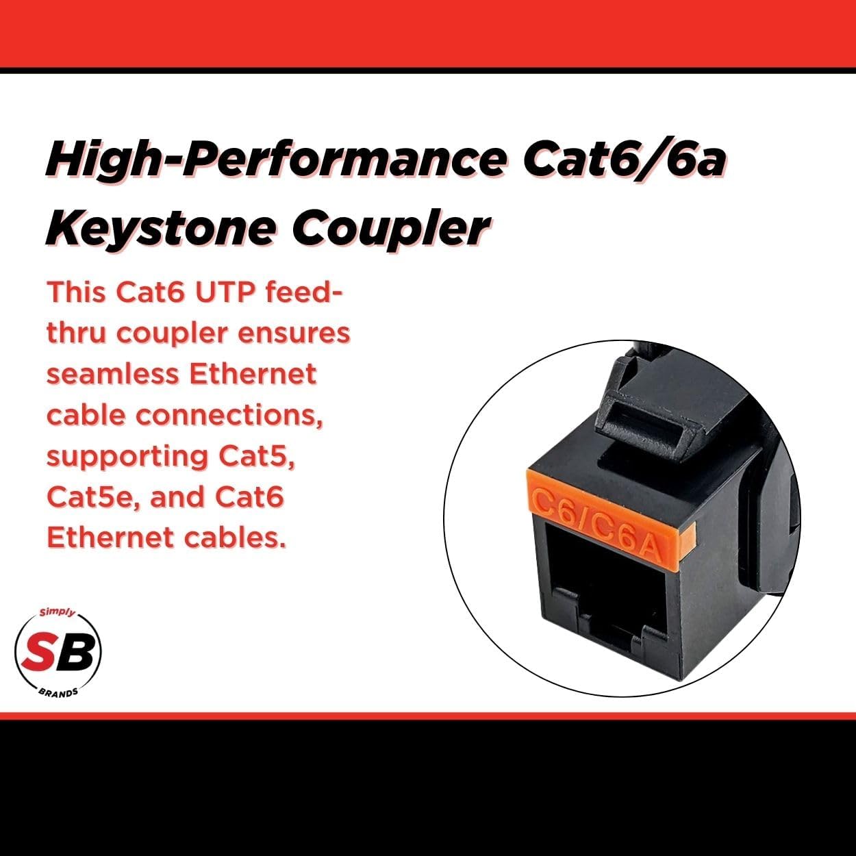Simply45 Cat6/6A UTP 180 Degree Keystone Jack 110 Style - Black, 25-Pack - Toolless, w/6 Color ID, 568B Wiring Label, ANSI/TIA 568.2-D - S45-3600B-25