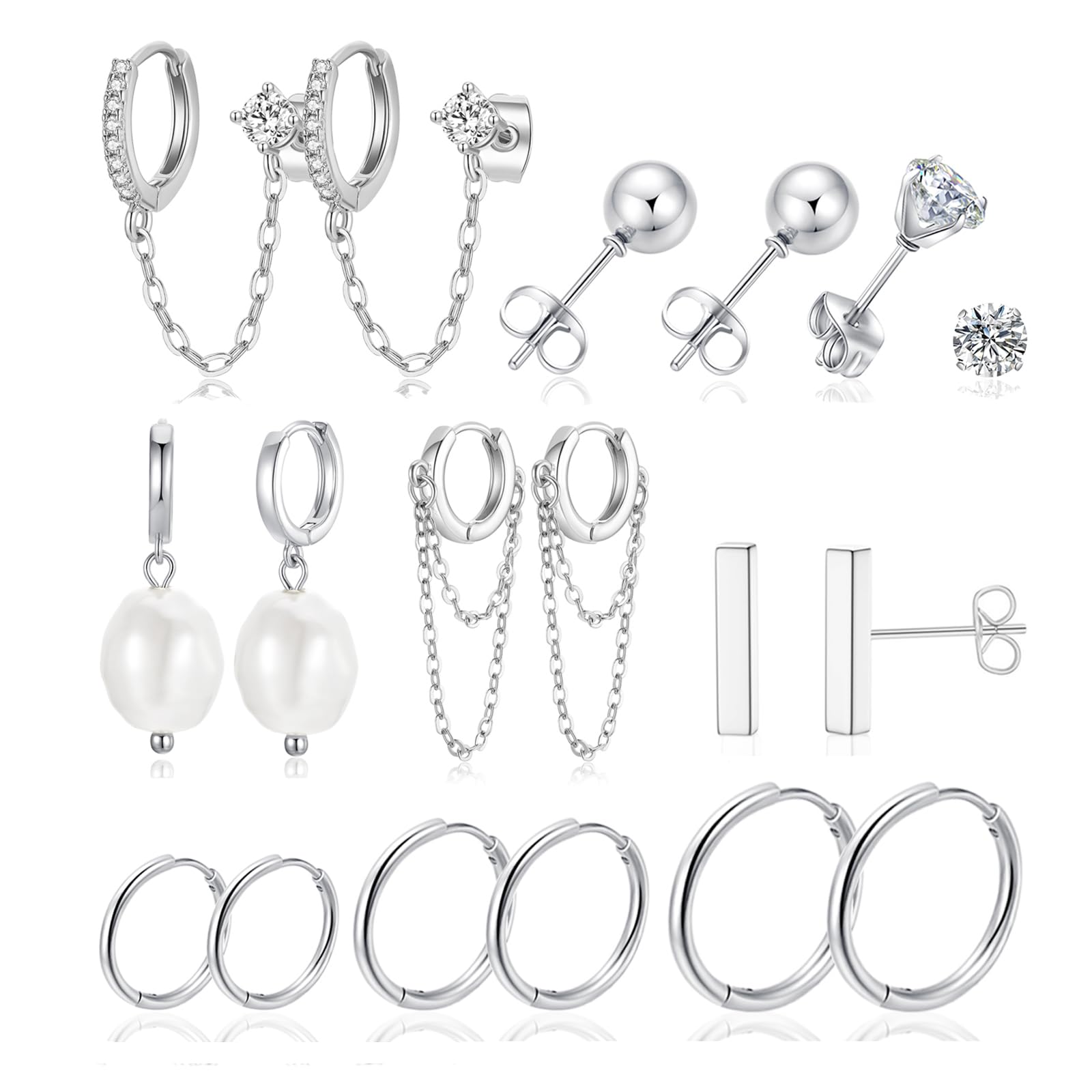 Cocadant Small Silver Hoop Chain Earrings for Women,Hypoallergenic Dangle Pearl CZ Stud Cartilage Huggie Earring Sets for Multiple Piercing