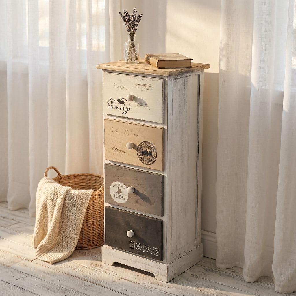 milani home - mobiletto in legno 4 cassetti, grigio chiaro, stile shabby chic, 29 x 25 x 72 cm
