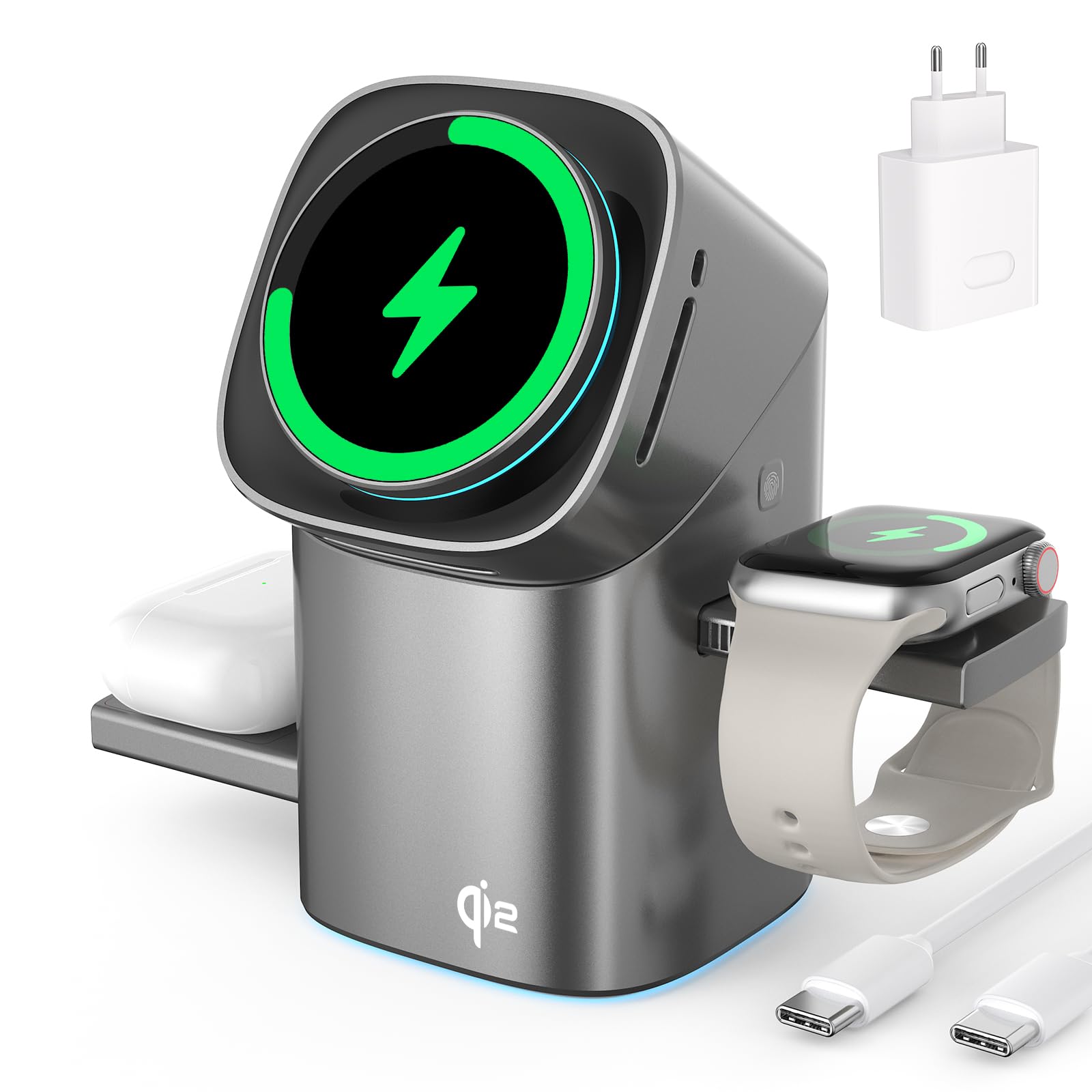 Stazione di ricarica a induzione 3-in-1 QI2, di ricarica wireless, la ricarica rapida, supporto per telefono compatibile con iPhone, AirPods, iWatch, con ventola di raffreddamento 33 W argento