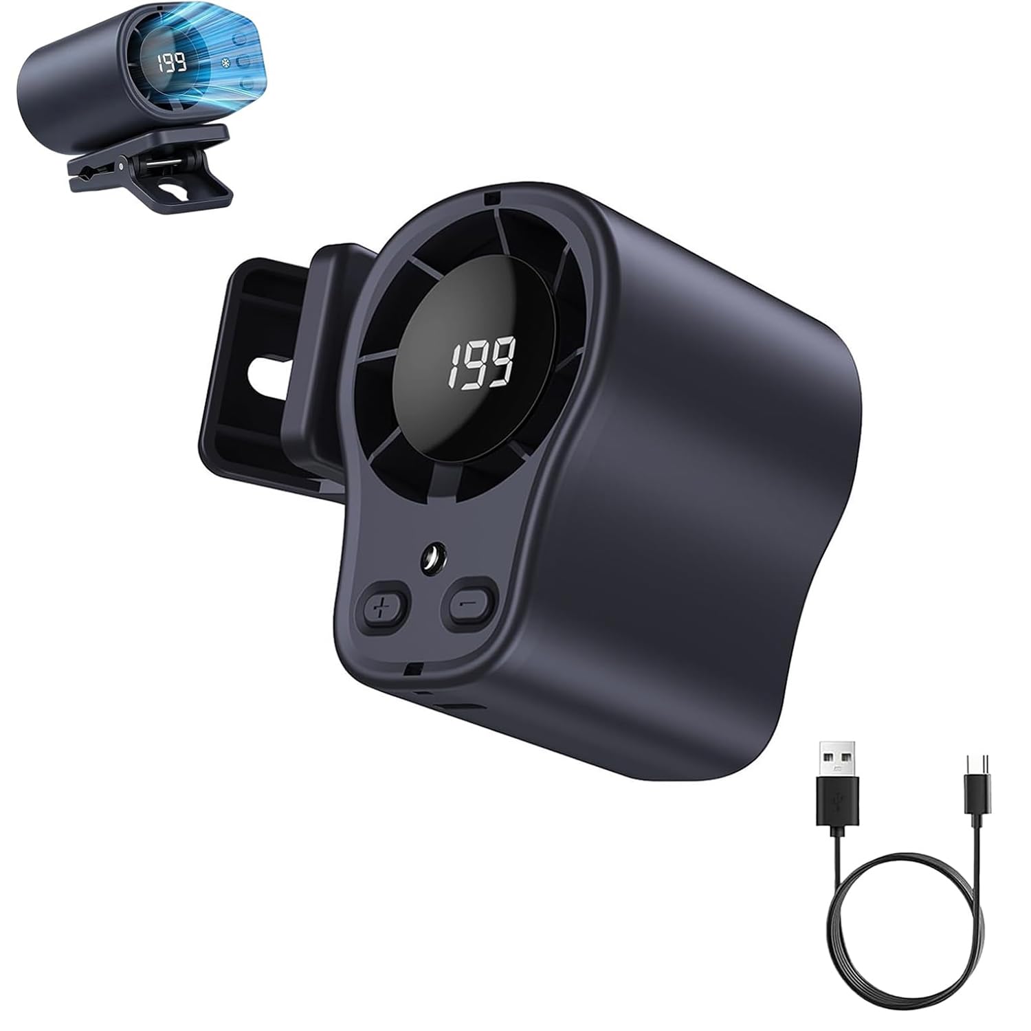 Car Clip on Air Conditioner Fan with LED DisplayCar Fans That Blow Cold Air,Portable Personal Cooling Fan with 360° Rotation,199 Speeds Adjustable,USB Rechargeable Car Fans for Office Beach (Black-b)
