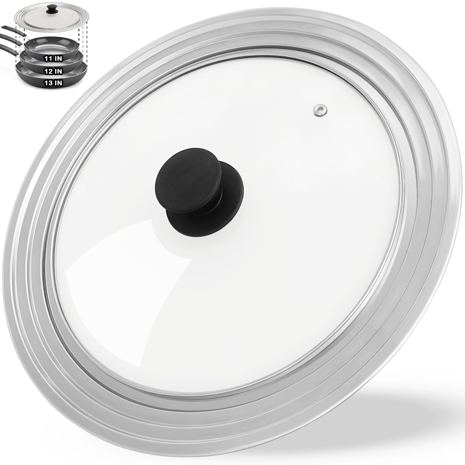 Universal Lid for Pots and Pans, Fits 11", 12" & 13" Diameter Cookware, Replacement Stainless Steel Skillets lids, Heat Resistant Frying Pan lid, Dishwasher Safe