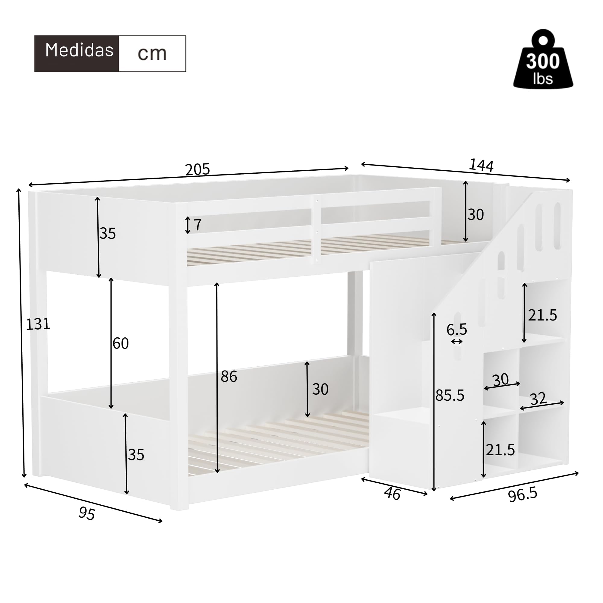 Dolamaní Litera para 2 niños, 90 x 200 cm, con escalera, cama infantil con taquillas y protección anticaídas, para habitación infantil, cama alta para niños, litera para niñas y niños, color blanco
