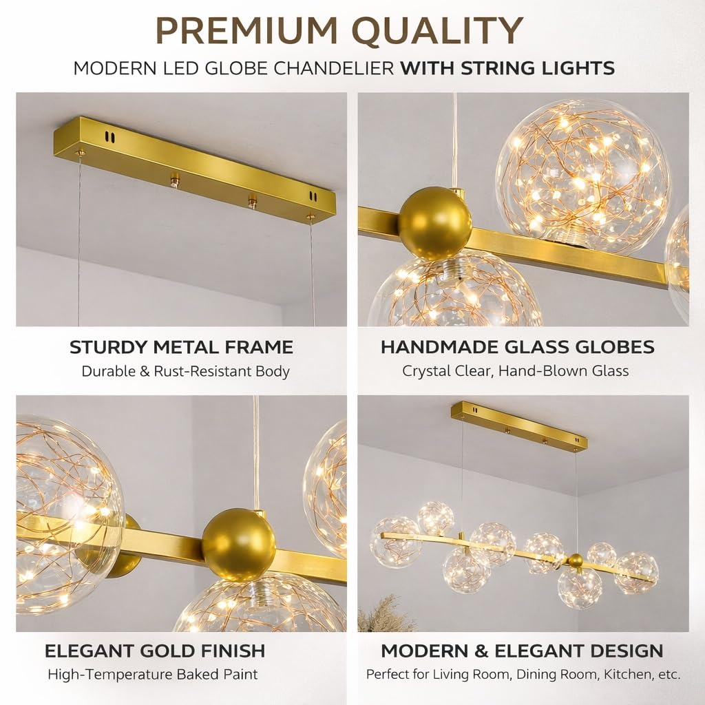 Suspension LED Linéaire Moderne avec Globes en Verre Soufflé à La Main Lampe Suspendue Dimmable éclairage îlot de cuisine luminaire moderne design pour Salle à Manger Cuisine(Black,Straight rod)