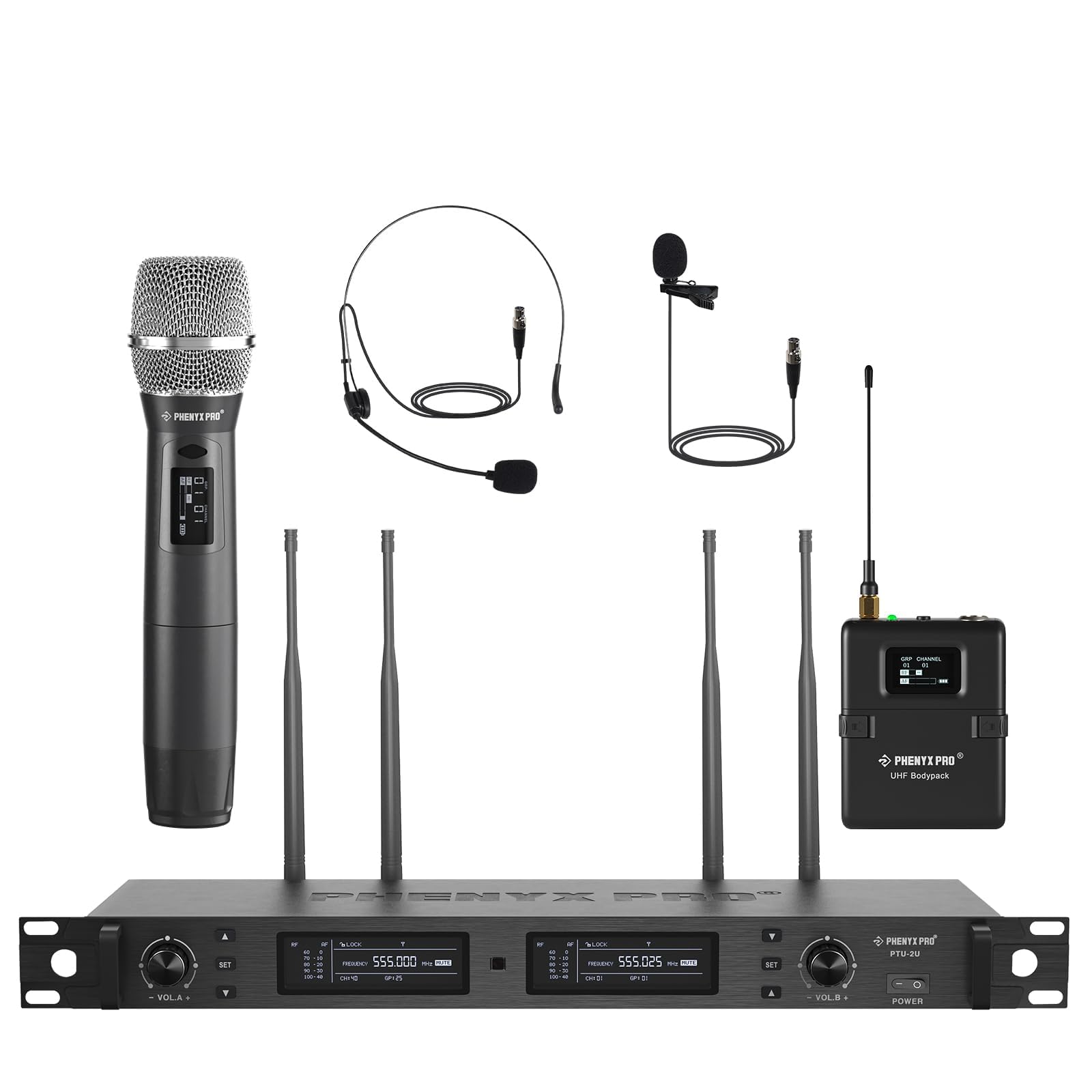 Phenyx Pro Dual UHF True Diversity Wireless Microphone System PTU-2U-1H1B | Auto Scan, 2…