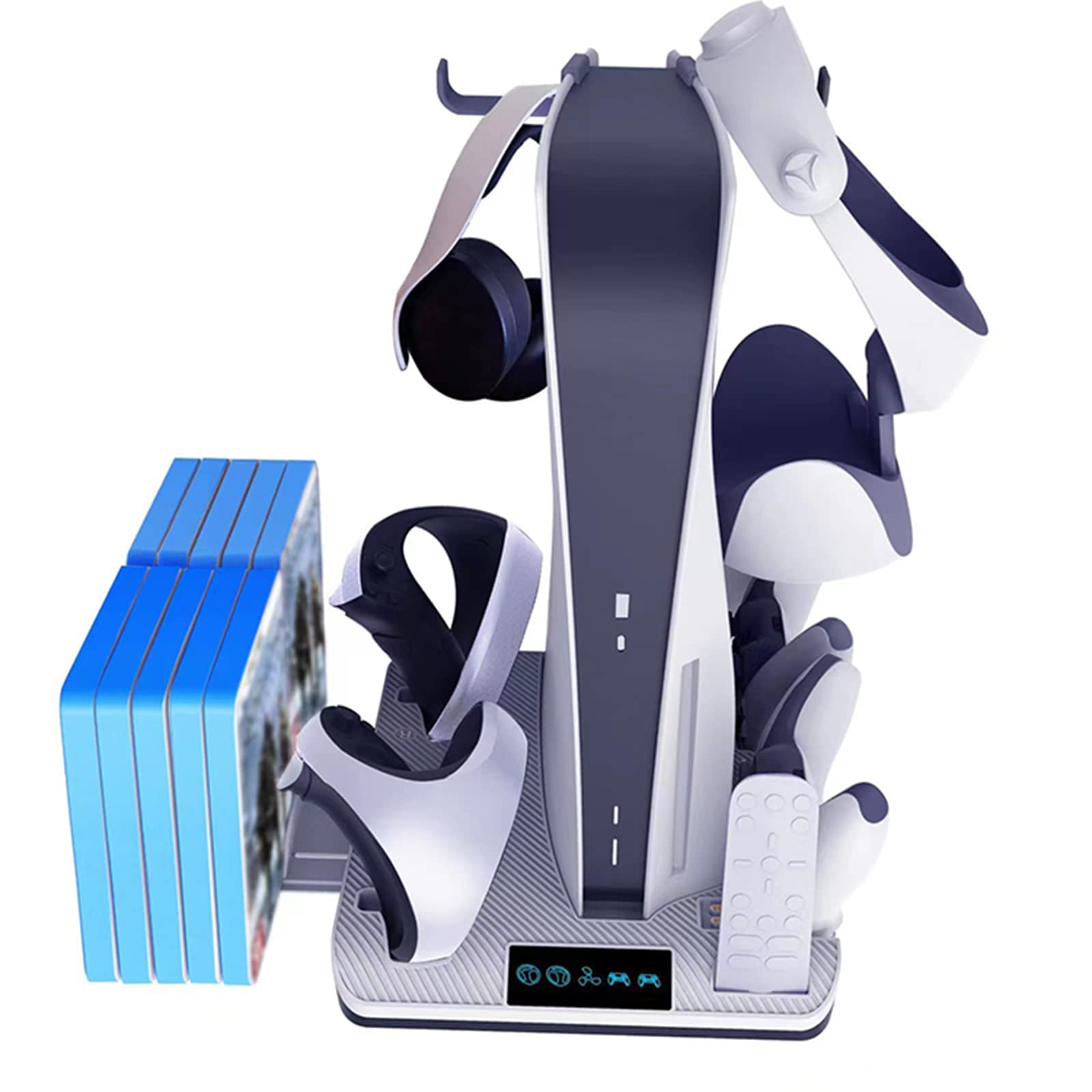 Estación de Carga para Controlador PSVR2/PS5, Soporte con Ventilador de refrigeración para Consola PS5 UHD/DE, Base de Cargador de 4 Controladores y Almacenamiento de 10 Juegos