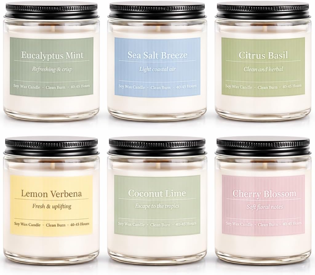 PELN Scented Candles for Women, Spring Summer 6 Pack Soy Wax Aromatherapy Candles, Lemon Verbena, Coconut Lime, Sea Salt Breeze, Citrus Basil, Eucalyptus Mint & Cherry Blossom