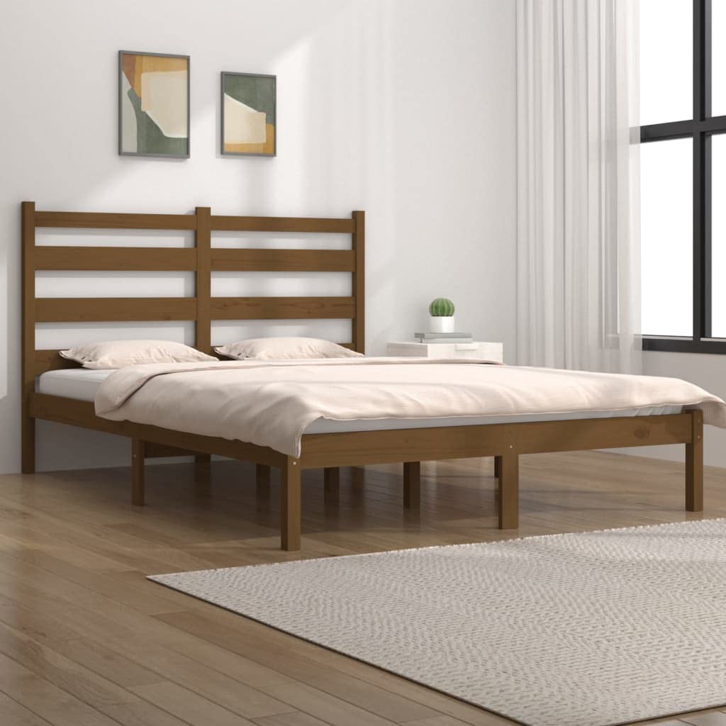 Cama de madera maciza de pino, 200 x 200 cm, con somier y cabecero, cama de madera estable para adultos y jóvenes, mueble de dormitorio natural