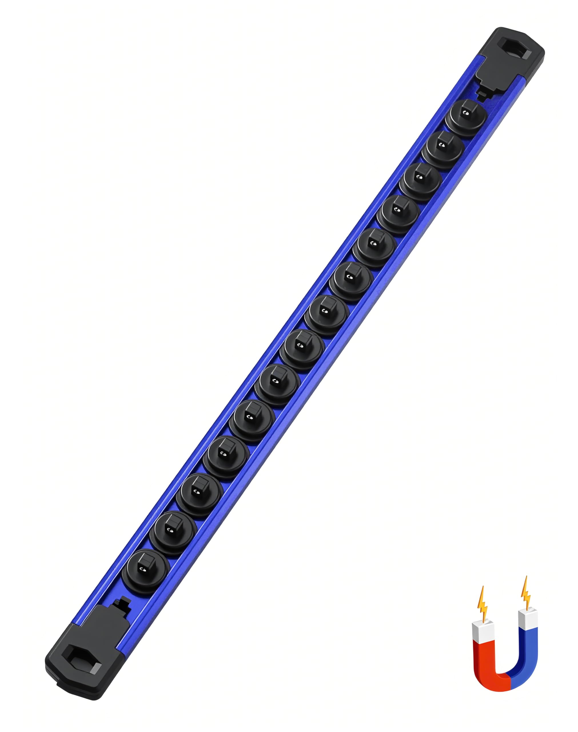 ALOANES Magnetic Socket Organizer Set, 3/4-Inch Drive Heavy Duty Aluminum Socket Rail Organizer, 3/4-Inch x 11 Clips (Blue, 1PC)