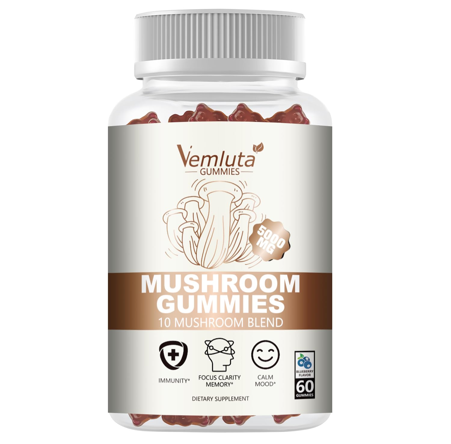1 Pack 5000MG Mushroom Gummies -10 Blend Organic Mushroom Supplement containing Lion's Mane and Reishi for Brain and Immune Boosting, Blueberry Flavor, Non-GMO, 60 Counts 60 Count (Pack of 1)