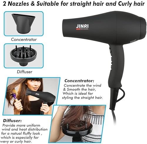 Miniatura 3 de JINRI JINRI-104 - Secador de pelo, 1875W, 3 de calor y 2 velocidades, con difusor, con concentrador, tecnología iónica e infrarrojos, negro, entrada