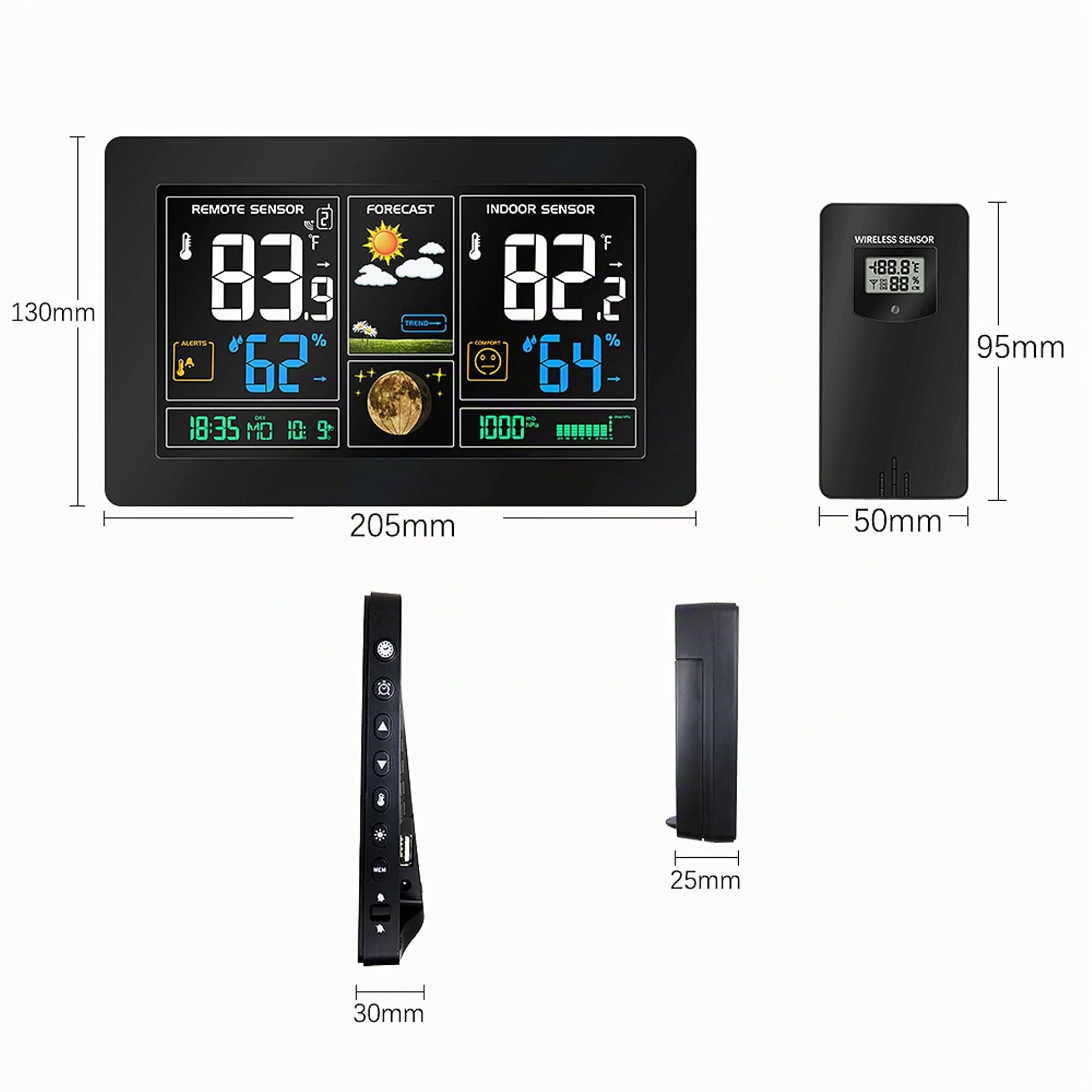 Funkwetterstation | Farbdisplay | 2 Alarme | Wettervohersage mit Kalender | Anzeige der Innen- und Außentemperatur | Luftfeuchtigkeit | Hygrometer | Digitales Thermometer | Wetterstation | Wecker |