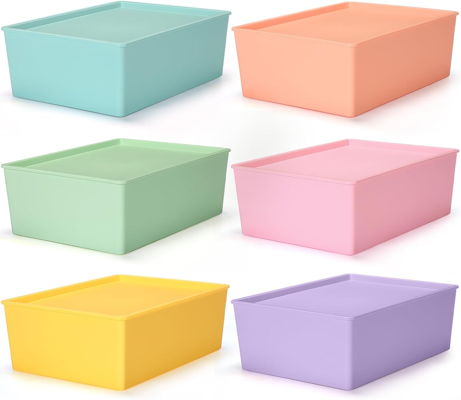 6 Pcs Large Plastic Storage Bins with Lids 14.4 x 10.4 x 5.1 inch Stackable Storage Containers Durable Box Baskets for Organizing Shelves Playroom Classroom Office(Mixed)