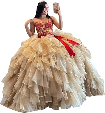 2026 Gold Embellishment Crystal Beads Sweetheart Ball Gown Ruffled Skirt Mexican Quinceanera Prom Formal Dress