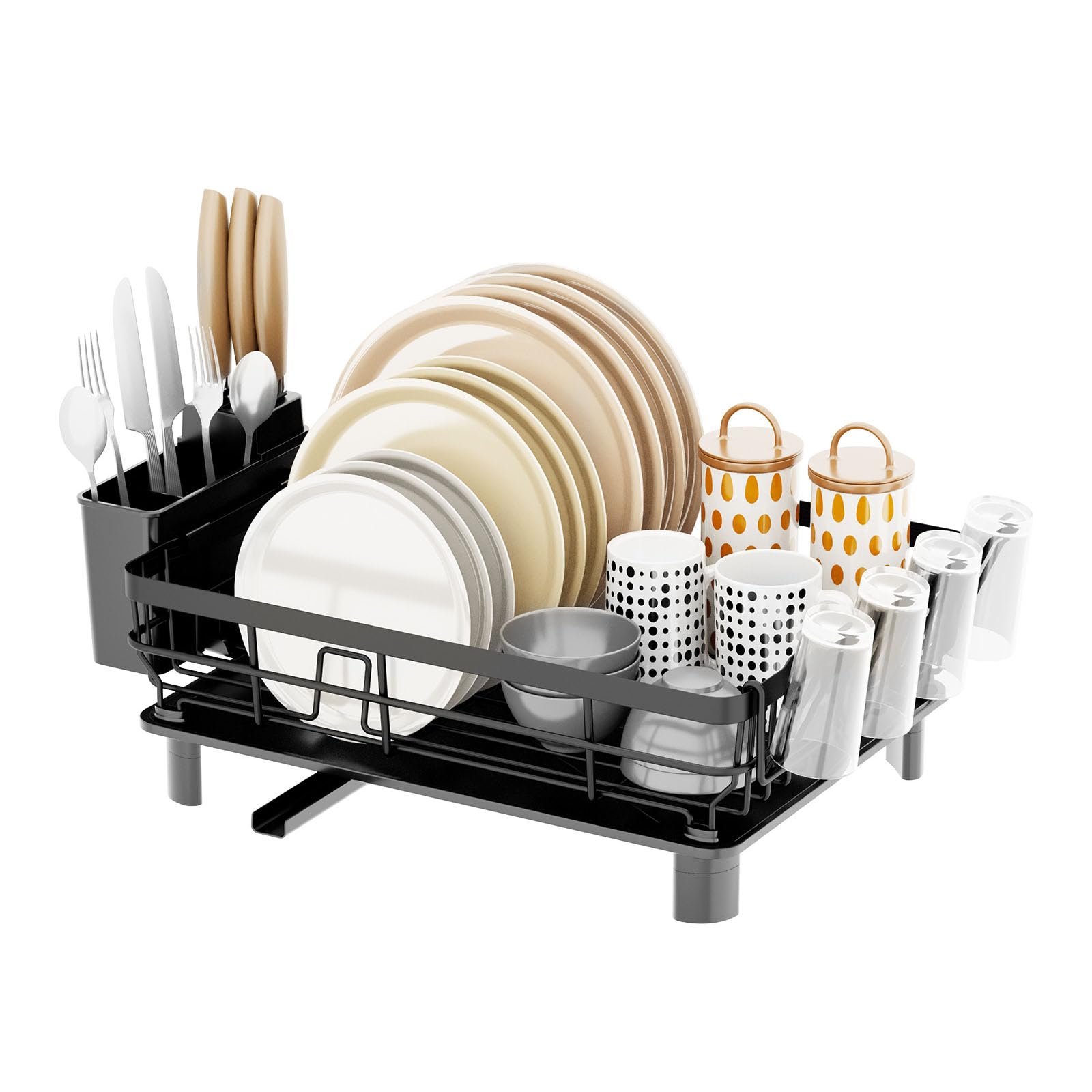 TBATM Single Tier Countertop Dish Drying Rack with Side Knife and Cutlery Storage Box, for Plates Bowls Mugs Cups and Cooking Utensils for Small Household Kitchen,Black