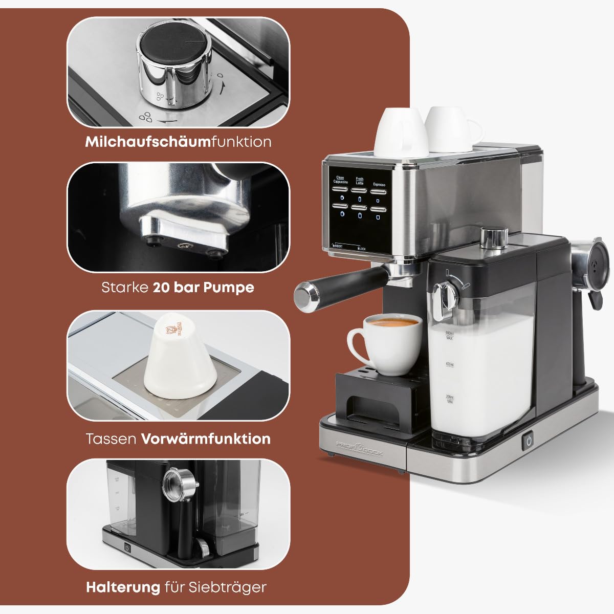 Macchina per espresso ProfiCook® 2 in 1 per caffè in polvere e capsule compatibili Nespresso - macchina con portafiltro da 20 bar - con sistema del latte per caffè e cappuccino - PC ES 1266
