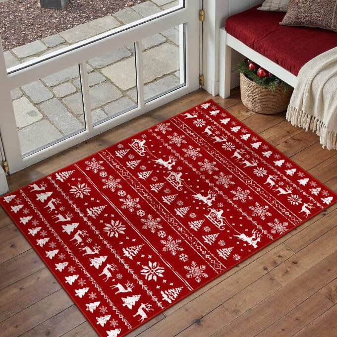 PureCozy Christmas Deer Doormat 2x3 Red Washable Non Slip Entryway Rug | Soft,Low Pile,Deer Holiday Decor,for Entryway,Kitchen,Bathroom,Laundry Room,Bedroom,Small Spaces