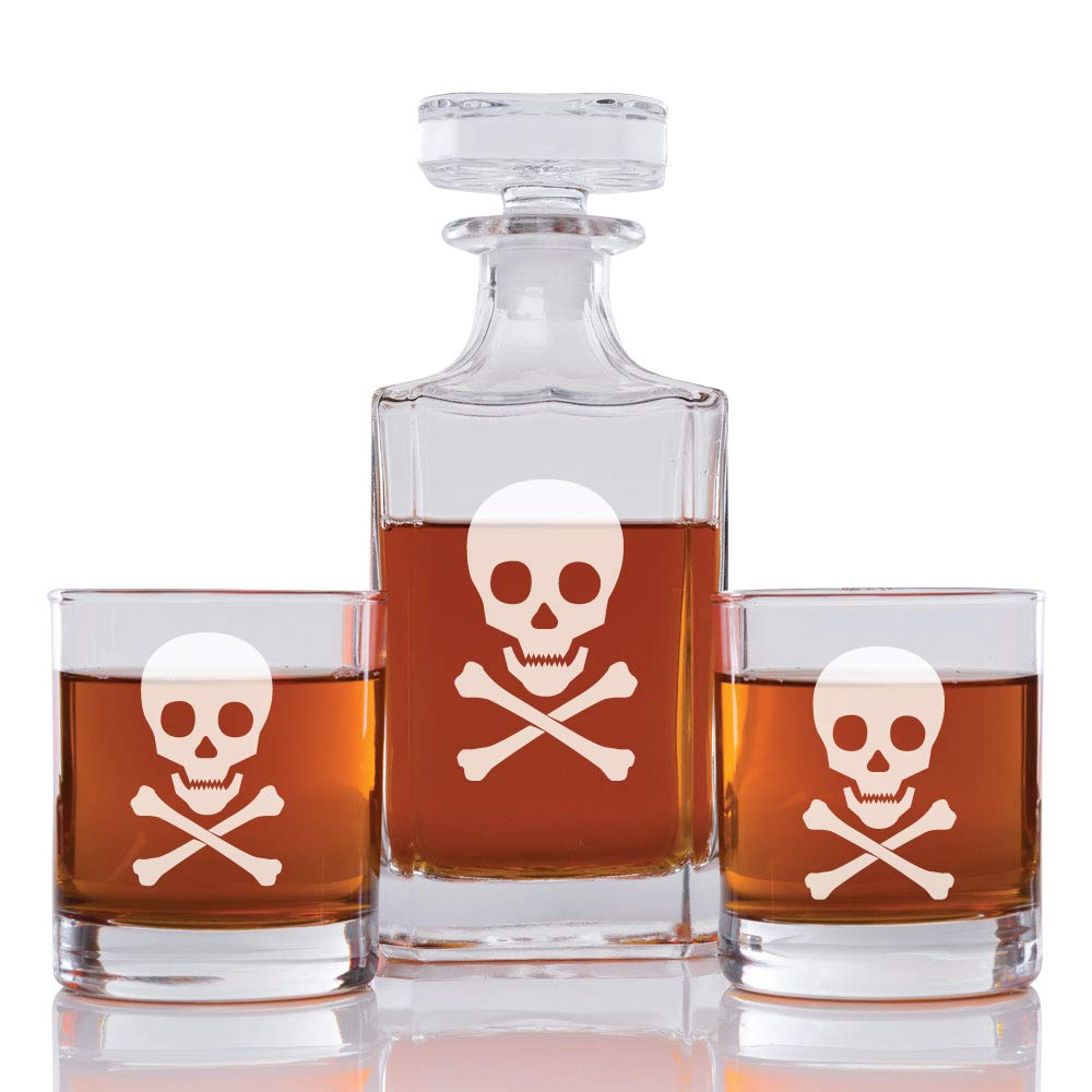 Abby Smith Skull Poison Engraved Decanter and Rock Glasses, Set of 3