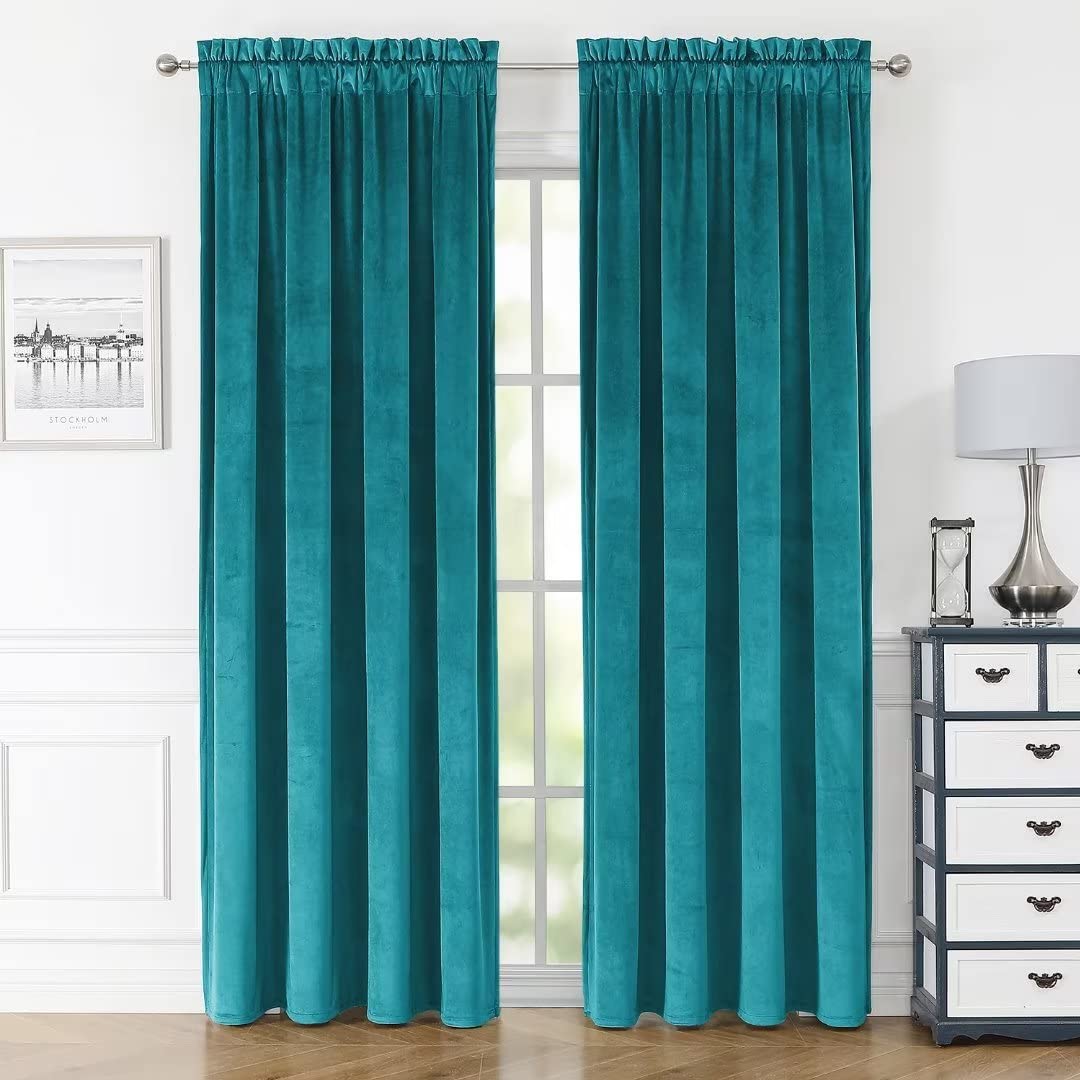 YURIHOME Teal Velvet Curtains 72 Inches for Bedroom, Thermal Insulated Blackout Curtains- Room Darkening Sun Blocking Rod Pocket Window Drapes for