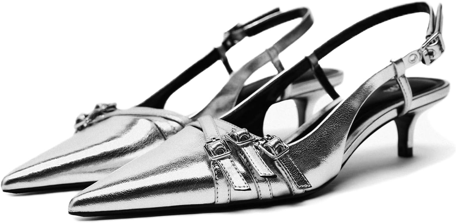CORNMOOD Slingback Kitten Heels for Women Pointed Toe Stiletto Low Heels with Buckle Strap Heeled Pumps Sandals