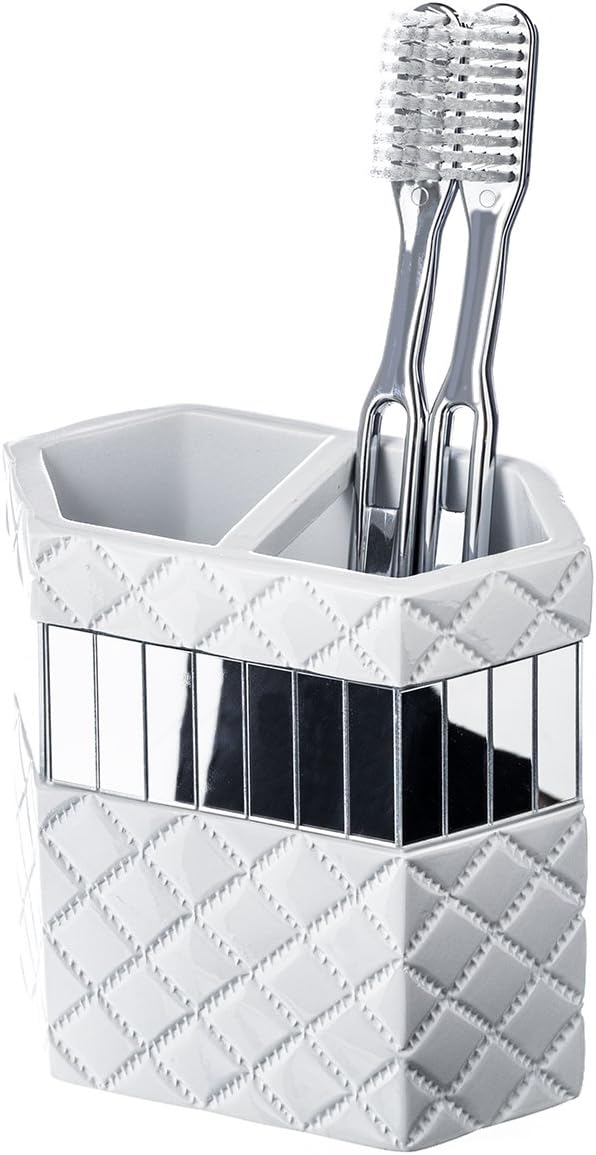 Creative Scents Quilted Mirror White Toothbrush Holder – Bathroom Toothbrush Organizer - Decorative Toothbrush and Toothpaste Holder for Bathroom Holds Multiple Toothbrushes and Paste