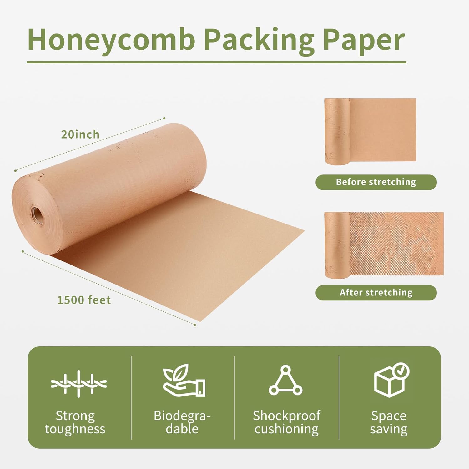 Eco-Friendly Honeycomb Packing Paper - 20" x 1500' Extra Large Roll, 100% Recyclable Kraft Material, Ideal for E-Commerce, Moving, and Small Business Shipping