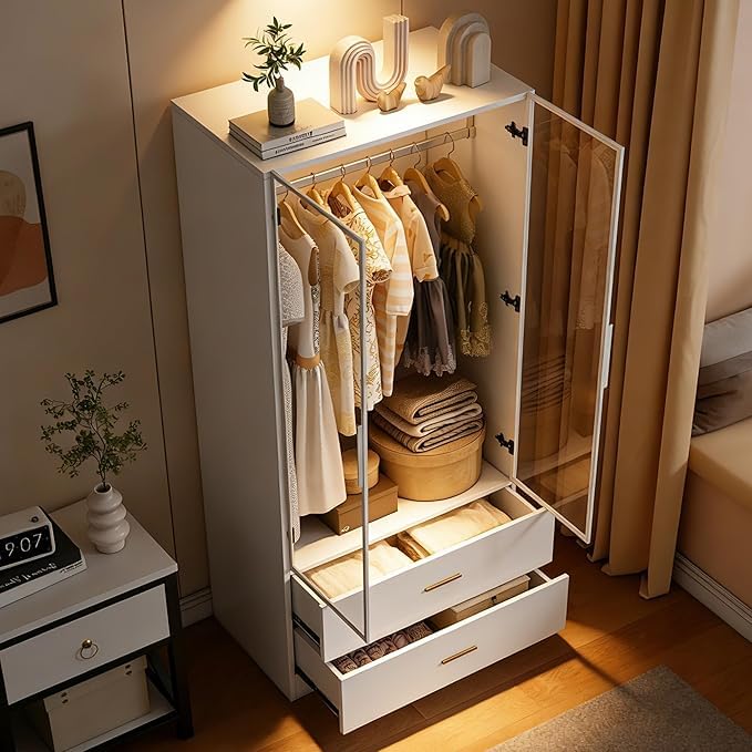 Armoire Penderie Chambre avec Miroir et Éclairage LED 3 Couleurs, Dressing 2 Portes en Verre Trempé avec 2 Tiroirs et Barre à Vêtements, Armoire de...