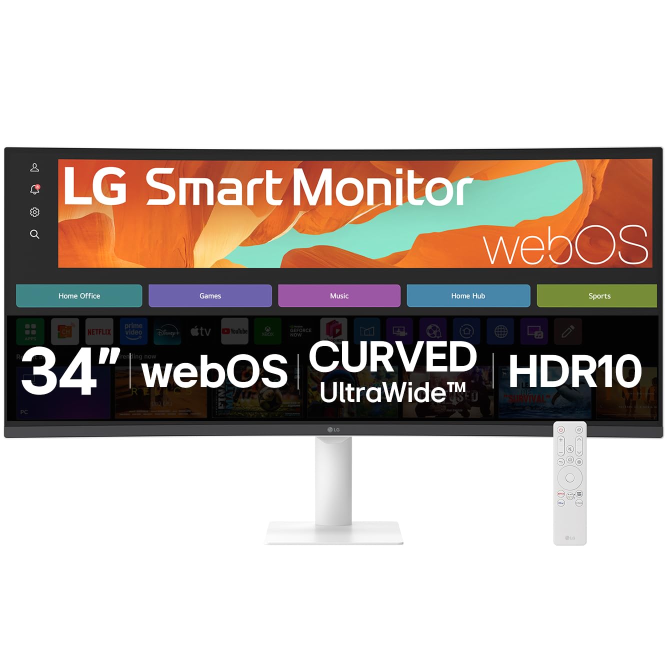 LG SMART Monitor 34U601SA-W, Curved UltraWide QHD 1440p VA, 34 inch, 100Hz, 5ms GtG, HDR10, Wi-Fi, Bluetooth, Home office - Remote Desktop, Airplay, webOS smart apps with remote, Speakers, HDMI, White