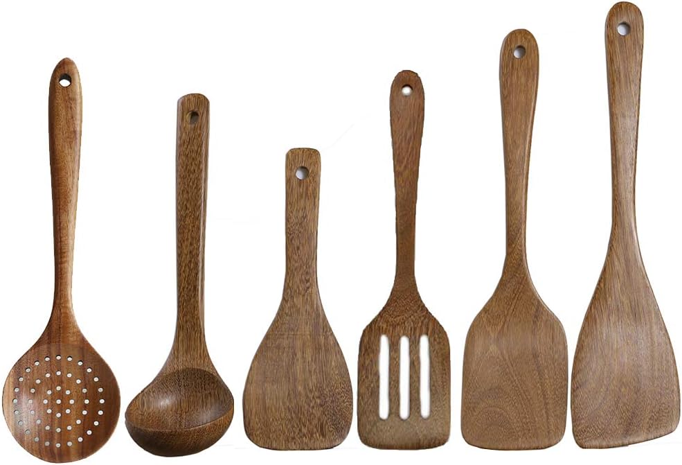 6 Pcs Best Wooden Kitchen Utensils Set-Wooden Cooking Spatula, Ladle, Turner Paddle, Slotted Spoon, Angled Spatula Paddle, Cooking Stuff -Wood Nonstick Wok Spatulas Utensil Cookware Spoons