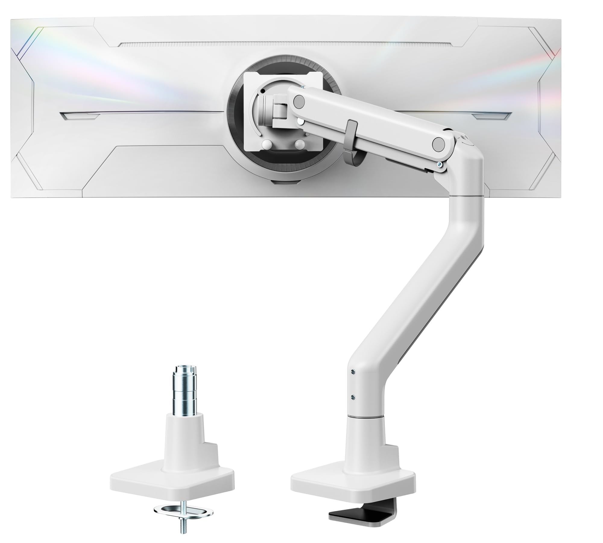 monTEK Brazo Monitor Reforzado para Pantallas Curvas Ultrapanorámicas de 17-57 Pulgadas, Soporta hasta 27 kg, Soporte de Monitor Ajustable en Altura con Resorte de Gas, VESA 75x75/100x100, Blanco