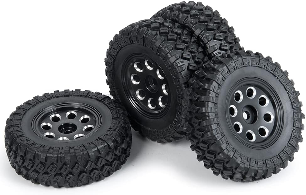 RCLIONS 4pcs RC Micro Beadlock Wheel Rims & Rubber Tires for All 1/24 Axial SCX24 AXI00001,AXI00002,AXI90081Deadbolt RC Crawler Truck Car (Black)
