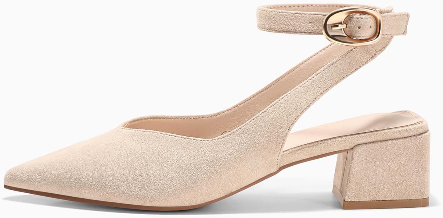 Coutgo Womens Closed Pointed Toe Heels Chunky Block Low Heel Ankle Strap Pumps Wedding Work Dress Shoes - Image 5