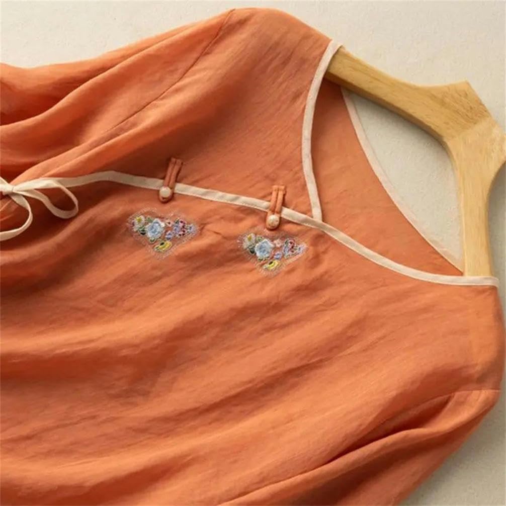 Spring Summer Traditional Chinese Clothing Women Clothes Short Sleeve Top Loose Hanfu Tang Suit Round Neck T-Shirt