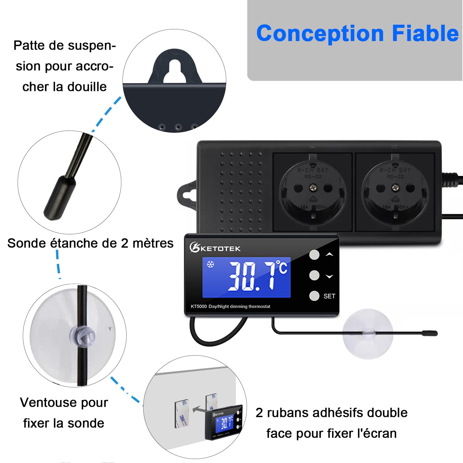 KETOTEK Prise Thermostat Numérique Regulateur de Temperature avec Sonde 220V, Double Relais Chauffage Refroidissement Contrôleur de Température pour Aquarium Incubateur Serre Frigo Ventilateur