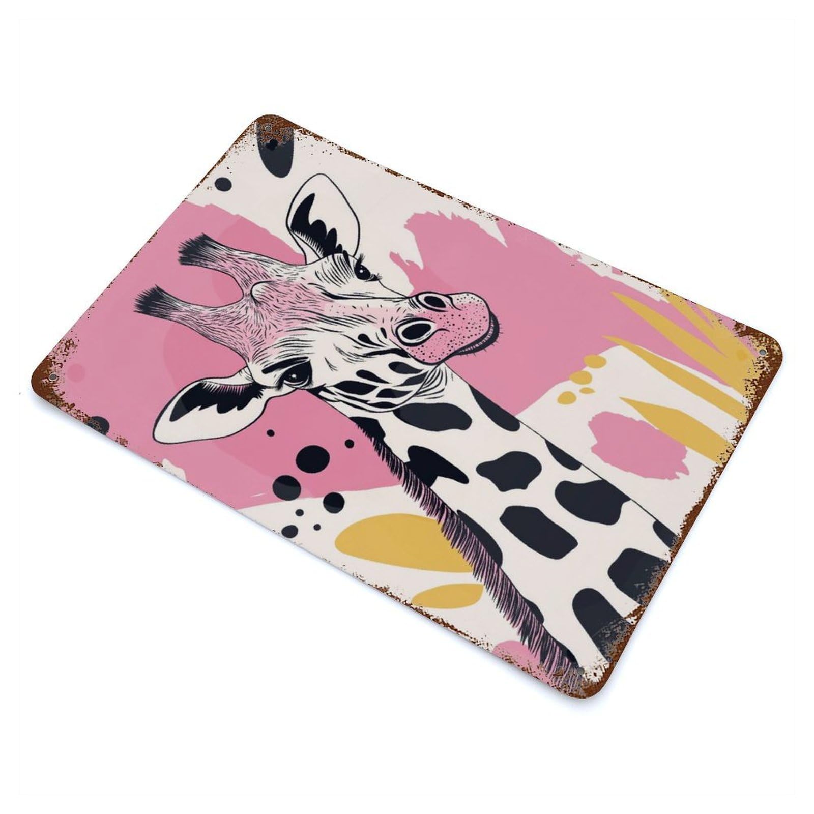 Giraffe Portrait with Abstract Pink Background Rust Effect Tin Sign 11.8"x7.9", Novelty Wall Decor for Garage, Pub Or Kitchen