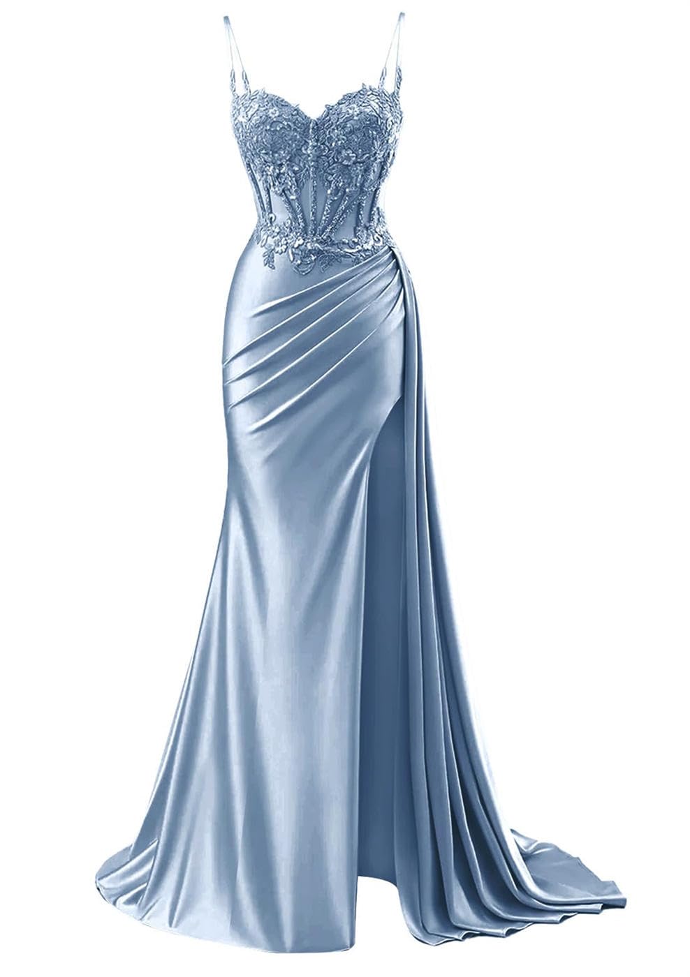 Kiyne Women's Dusty Blue Satin Prom Dresses With Lace Applique Side Slit Spaghetti Strap Graduation Party Gown Wedding Dress Uk8