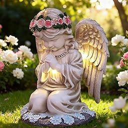 Statue du Jardin des Anges, Lumière Solaire d'ange Priant, Sculpture Ange Gardien avec Lampe LED Solaire, Auto-on, Résistant Aux Intempéries pour Patio, Porche, Cour, Balcon, Cimetière, Tombe