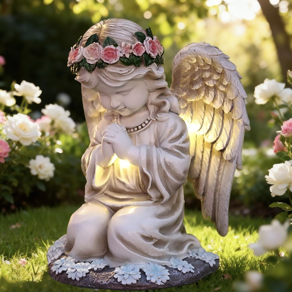Statue du Jardin des Anges, Lumière Solaire d'ange Priant, Sculpture Ange Gardien avec Lampe LED Solaire, Auto-on, Résistant Aux Intempéries pour Patio, Porche, Cour, Balcon, Cimetière, Tombe - 1