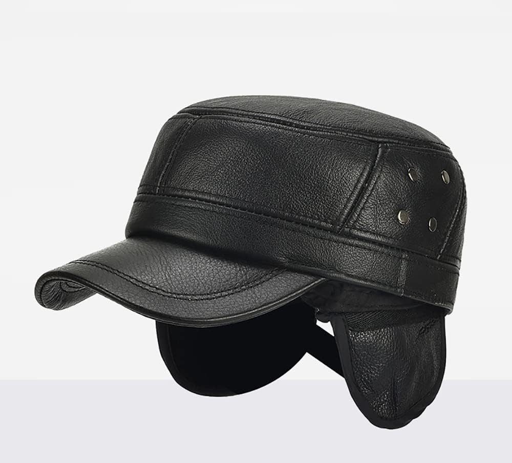 Men's Vintage Leather Military Cap Flat Top Winter Warm Male Cadet Army Caps Solid Color for Cold Weather - Image 7